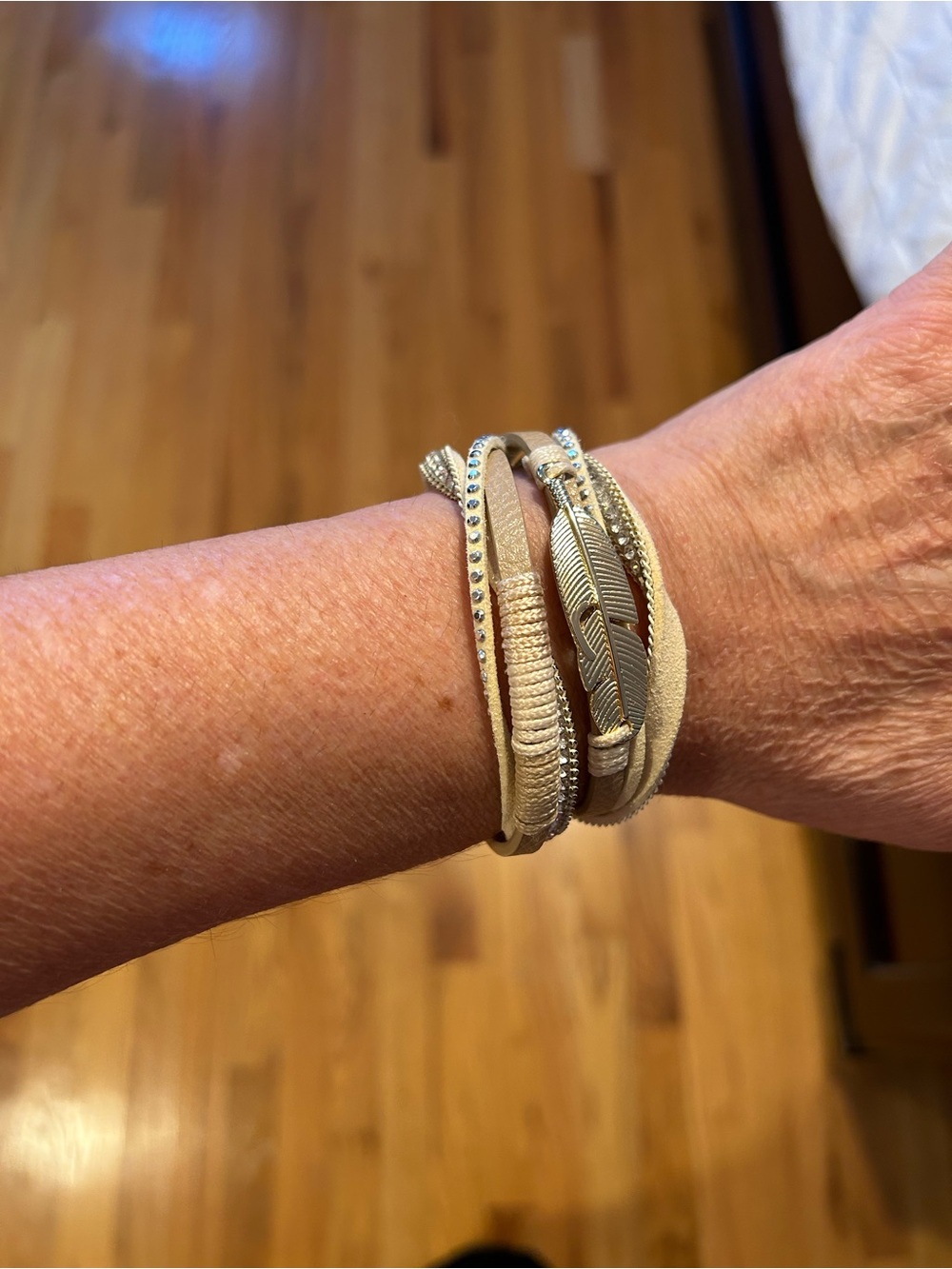 Beige Multi-Strip Feather Accent Wrap Bracelet - Women Jewelry